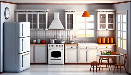 厨具木质背景图片_厨房白色橱柜冰箱消毒柜背景