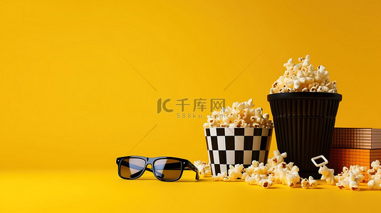黄色背景装饰着电影必需品场记板胶片卷轴爆米花和 3D 眼镜，有充足的复印空间