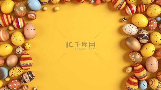 春节装饰背景图片_3D 渲染的黄色背景下充满活力的复活节彩蛋框架