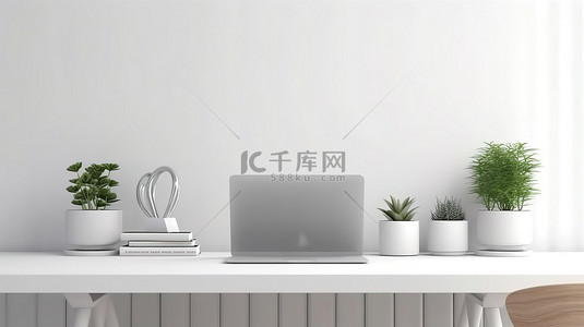 现代办公室背景背景图片_现代办公室设置，配有空白屏幕笔记本电脑和宽敞的白色桌子 3D 渲染