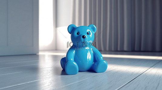 坐在地板上的蓝色泰迪熊的 3D 渲染