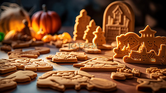 饼美食背景图片_用塑料 3D 切割机模制的万圣节姜饼饼干