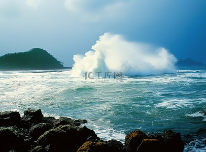 冲背景图片_巨浪正在冲过一座岛屿