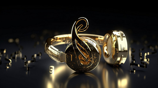 金色音乐音符背景图片_音乐概念金色音符与耳机在 3D 渲染
