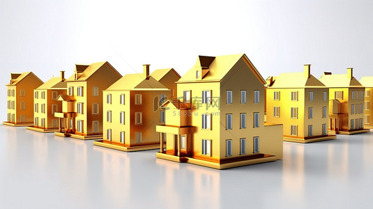 车库出售背景图片_令人惊叹的金色住宅在 3D 渲染的白色房屋中脱颖而出