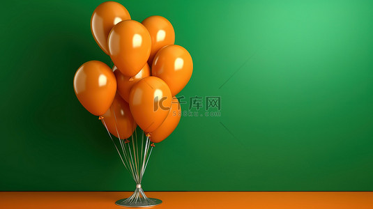 橙色气球背景图片_橙色墙壁背景下一堆绿色气球的 3D 渲染