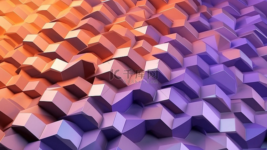 渐变柔和的紫色和橙色六角金字塔 3D 几何背景抽象设计渲染