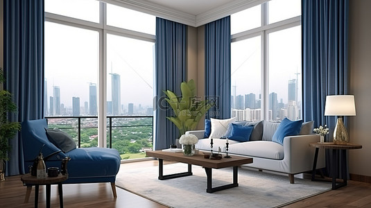 带有蓝色织物家具的客厅的城市景观极简主义 3D 渲染