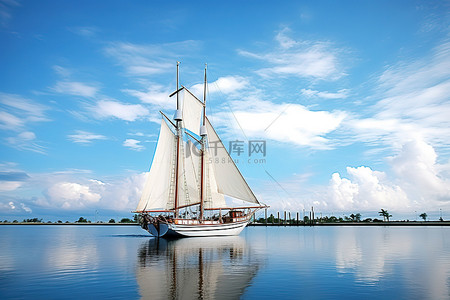 天空下的船背景图片_一艘帆船停靠在多云的天空下的水体中