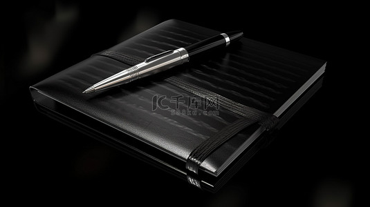 3d 黑色背景下的深色主题笔记本和笔