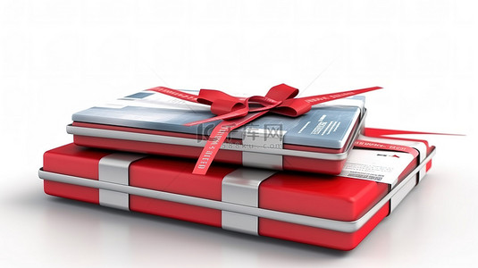 圣诞背景板背景图片_白色背景下饰有红丝带的礼品盒中出现的航空公司登机牌门票的 3D 渲染