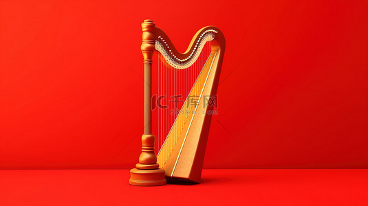 红色背景与古典竖琴的 3D 插图