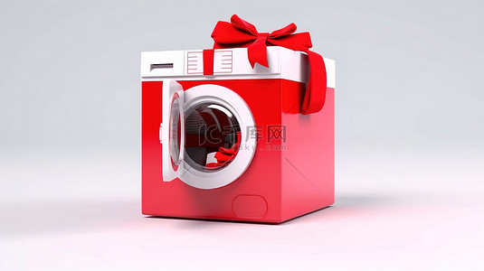 现代白色洗衣用具装在干净的白色表面上的红色礼品盒中 3D 插图