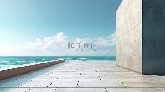 夏宫宫殿建筑背景图片_荒凉的混凝土通道，高耸的建筑墙俯瞰大海 3D 渲染