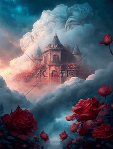 玫瑰装饰背景图片_浪漫梦幻玫瑰花卉星空白云城堡油画装饰画