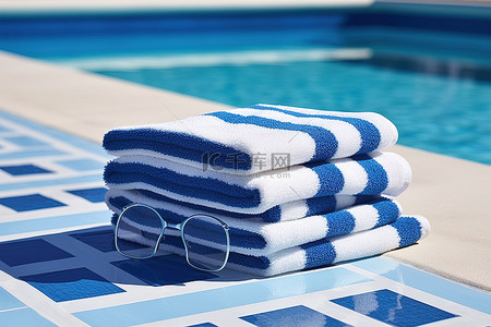 夏天游泳池里的蓝色和白色毛巾