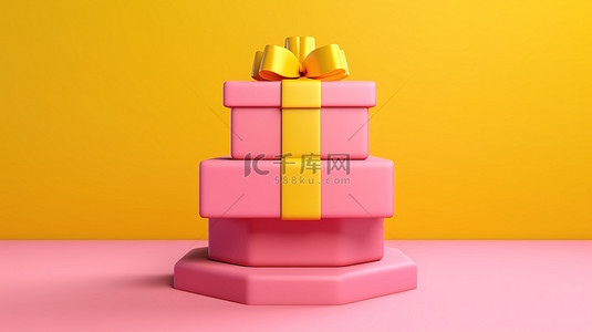 打开礼物发现黄色讲台上有很大的折扣，粉红色背景 3D 插图