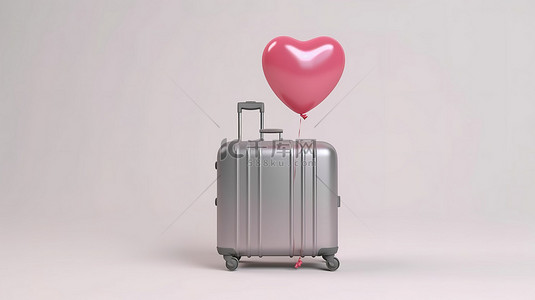 爱心箱背景图片_3D 渲染心形气球和粉红色手提箱在白色隔离背景下的插图