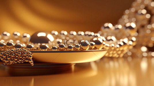 文具产品台背景图片_金色产品展台上装饰着珍珠，在豪华背景的 3D 渲染中