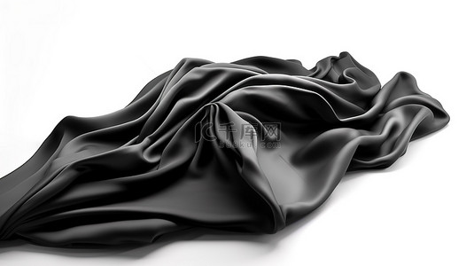 飞行中光滑的黑色缎面织物设置在白色背景 3D 渲染中