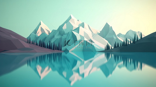 山峰风景背景图片_3d 渲染中的低聚山和湖