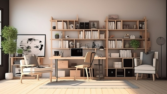 家庭书架背景图片_家具齐全的客厅，配有电脑桌办公椅和书架 3D 插图