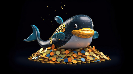 全球比特币背景图片_黑色背景上带有比特币的卡通鲸鱼的 3D 插图