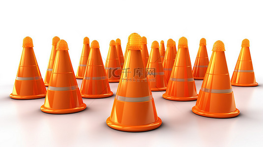 公路交通道路背景图片_用于公路交通的孤立白色背景橙色建筑锥体的 3D 渲染