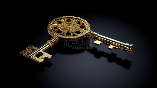 金融深色背景图片_深色金属背景上的 3D 渲染财富金钥匙