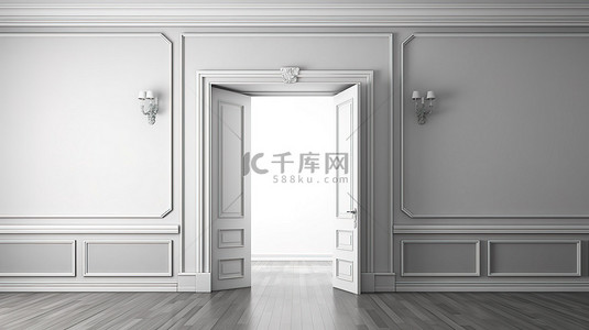 开着的背景图片_一个房间开着的门和空的内部背景的 3D 渲染