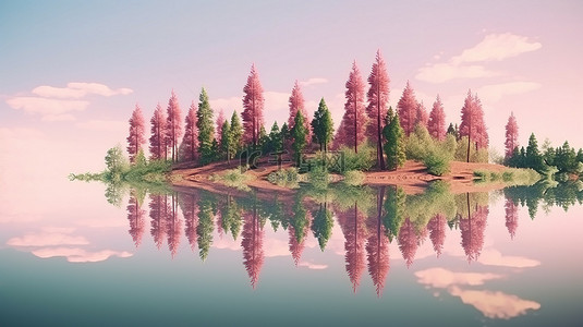 水中的湖面背景图片_夏日风景绿树粉红草和宁静的湖面倒影的 3D 渲染