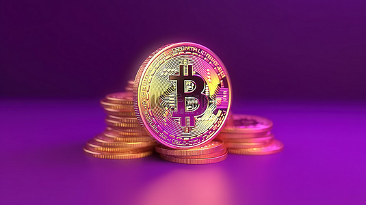 说明紫色背景的货币 3D 渲染的转变，美元硬币和比特币象征着转换为加密货币