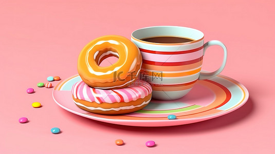 充满活力的甜甜圈和咖啡杯设置在柔和的粉红色 3D 背景下