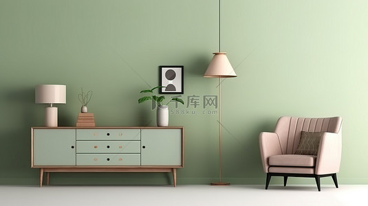 家居装饰家居背景图片_客厅内部的 3D 渲染，配有绿色墙壁背景柜和扶手椅