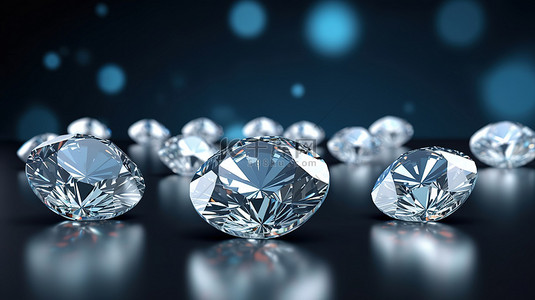 光滑背景上一组圆形钻石的软聚焦 3D 渲染