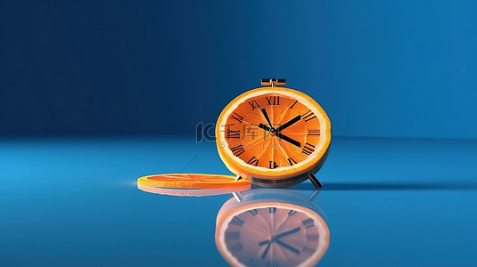 3D 切片橙色时钟，带有蓝色小时针和蓝色背景数字插图上的背光丙烯酸