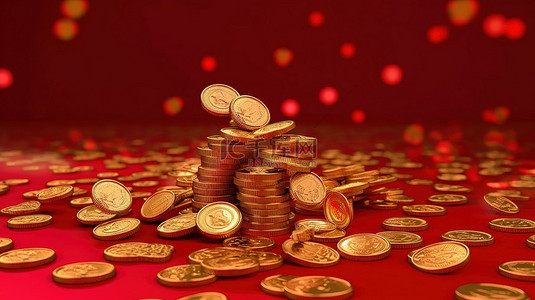 金色 3D 硬币层叠在带有红色背景的锭上，庆祝欢乐的中国新年 3D 渲染插图