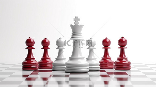 红色胜利的 3D 渲染插图描绘了白色背景上红色和白色国际象棋国王的领导概念
