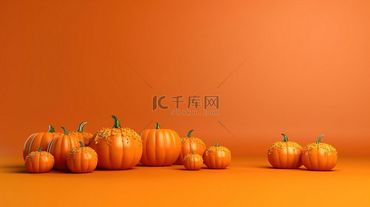 秋季假期或销售广告，带有橙色背景南瓜的 3D 横幅渲染