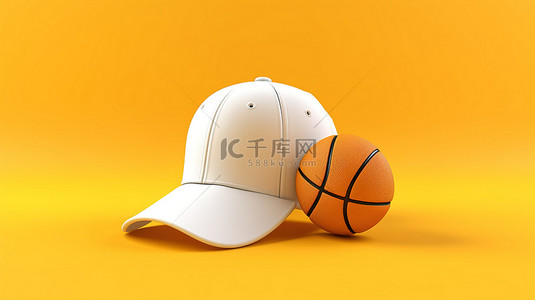 白色棒球帽搭配黄色篮球 3D 渲染图像