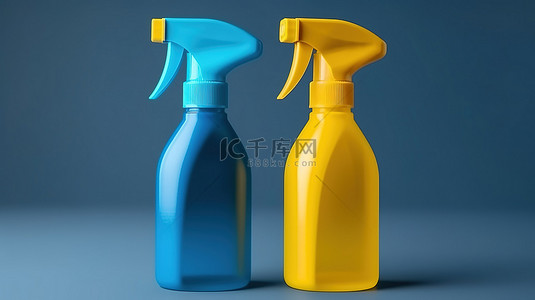 蓝色背景上蓝色和黄色喷雾瓶的孤立 3D 渲染