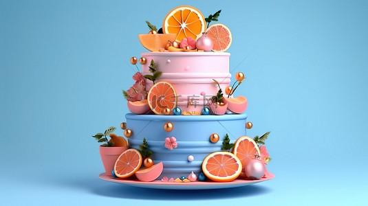 水果装饰背景图片_粉红色背景上带有 3D 橙色水果装饰的蓝色圣诞蛋糕