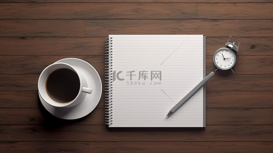 笔记本顶视图背景图片_木桌的顶视图 3D 渲染，配有空白笔记本铅笔咖啡杯和时钟