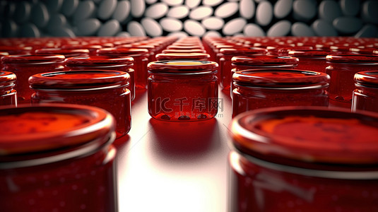装满果酱和蜜饯的红色玻璃罐的 3D 插图