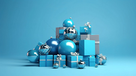 老年冬季养生背景图片_蓝色背景下的 3D 渲染中的装饰球和礼品盒