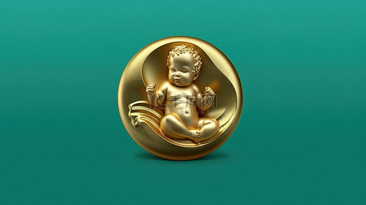 潮水绿色背景上的婴儿徽章福尔图娜金色婴儿标志 3D 渲染的社交媒体图标