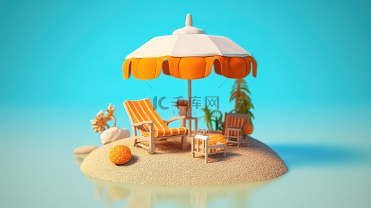 在海滩上度过一个轻松的夏天，色彩缤纷的沙岛 3D 渲染，配有雨伞和躺椅