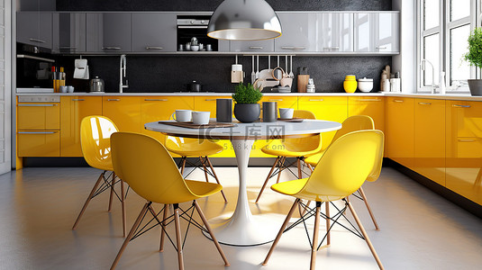 咖啡背景图片_现代用餐空间，配有一张桌子和 3D 充满活力的黄色椅子