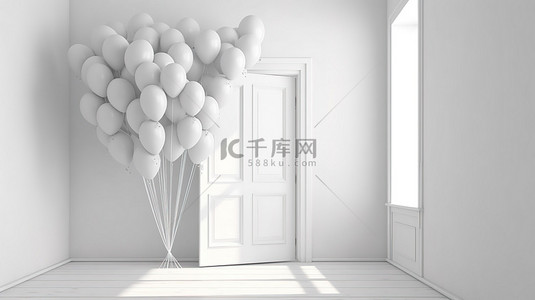 垂直框架 3D 渲染封闭的白色门，白色背景上有气球，由阳光的阴影和阴影突出显示