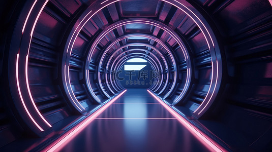 以深蓝色和粉红色呈现的未来派航天器隧道